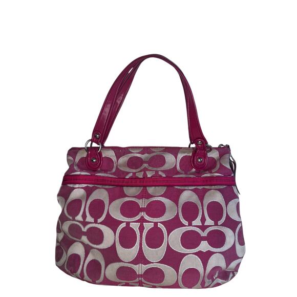 Coach Pink Signature Tote Bag Satin Fabric Shoulder Purse with Leather Trim - Picture 1 of 8